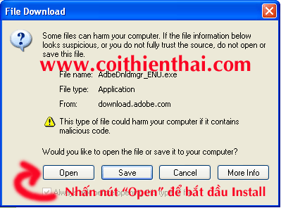 Hình 2: Nhấn nút "Open" để bắt đầu install